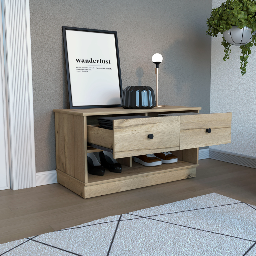 Uranus Storage Bench, Two Drawers, Two Open Shelves, Light Oak