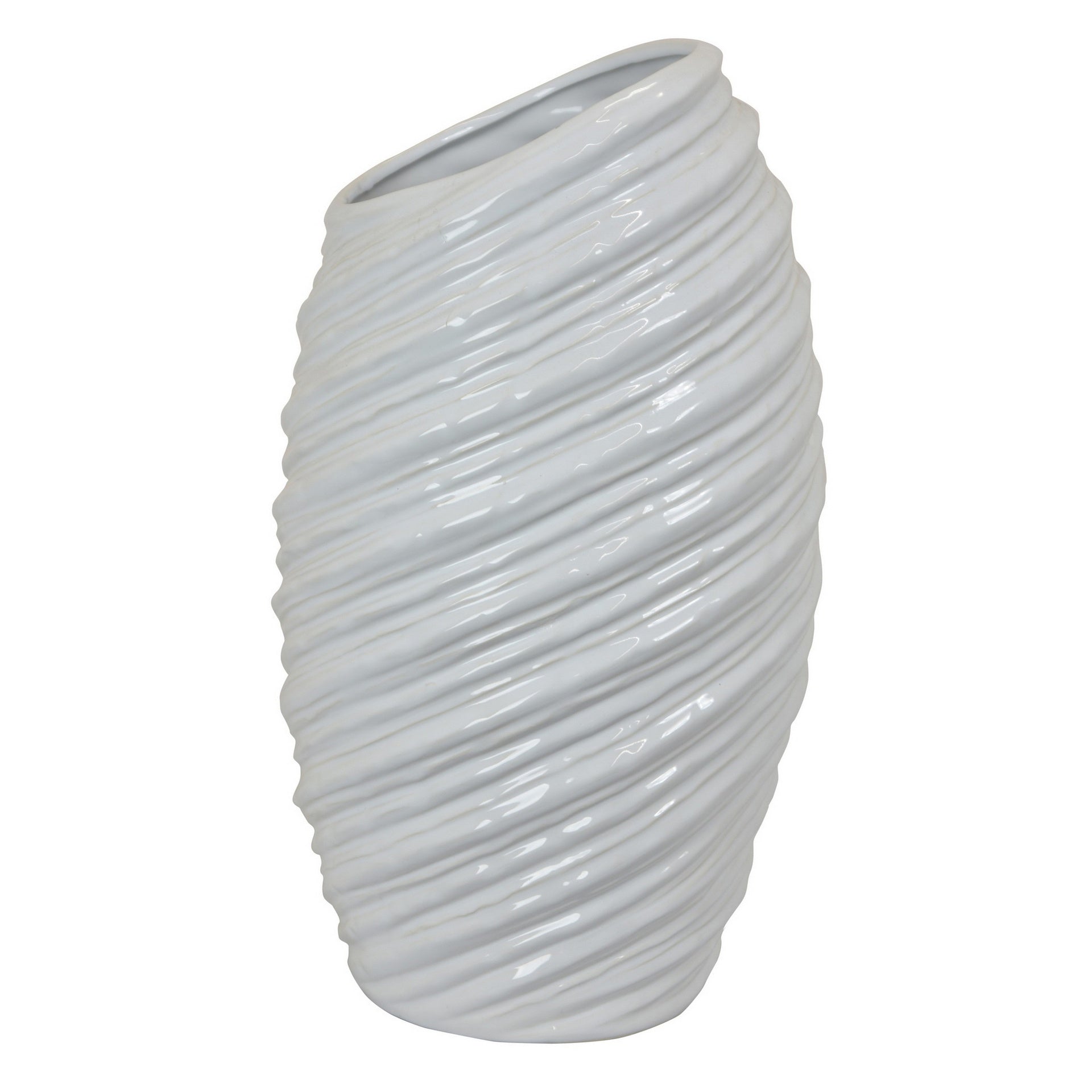 Avery Tall Modern Vase, Angled Spiral Design, White Ceramic 17 Inch
