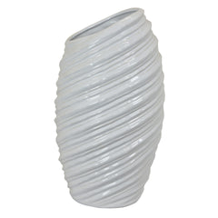 Avery Tall Modern Vase, Angled Spiral Design, White Ceramic 17 Inch