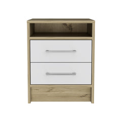 White and Light Oak 2-Drawer 1-Shelf Rectangle Nightstand