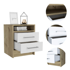 White and Light Oak 2-Drawer 1-Shelf Rectangle Nightstand