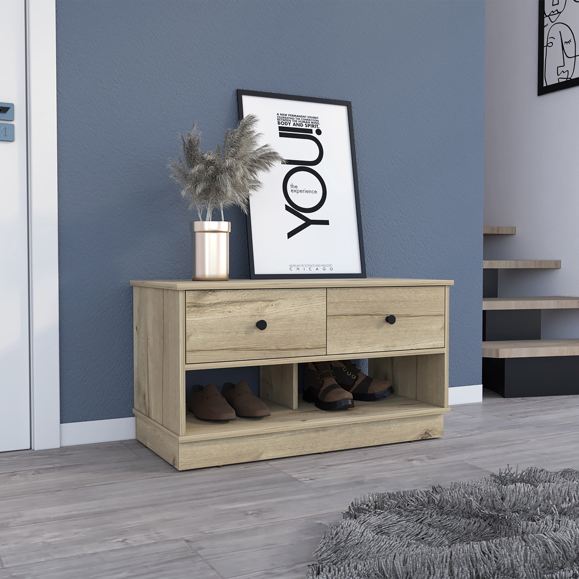 Light Oak Rectangle 2-Shelf 2-Drawer Storage Bench