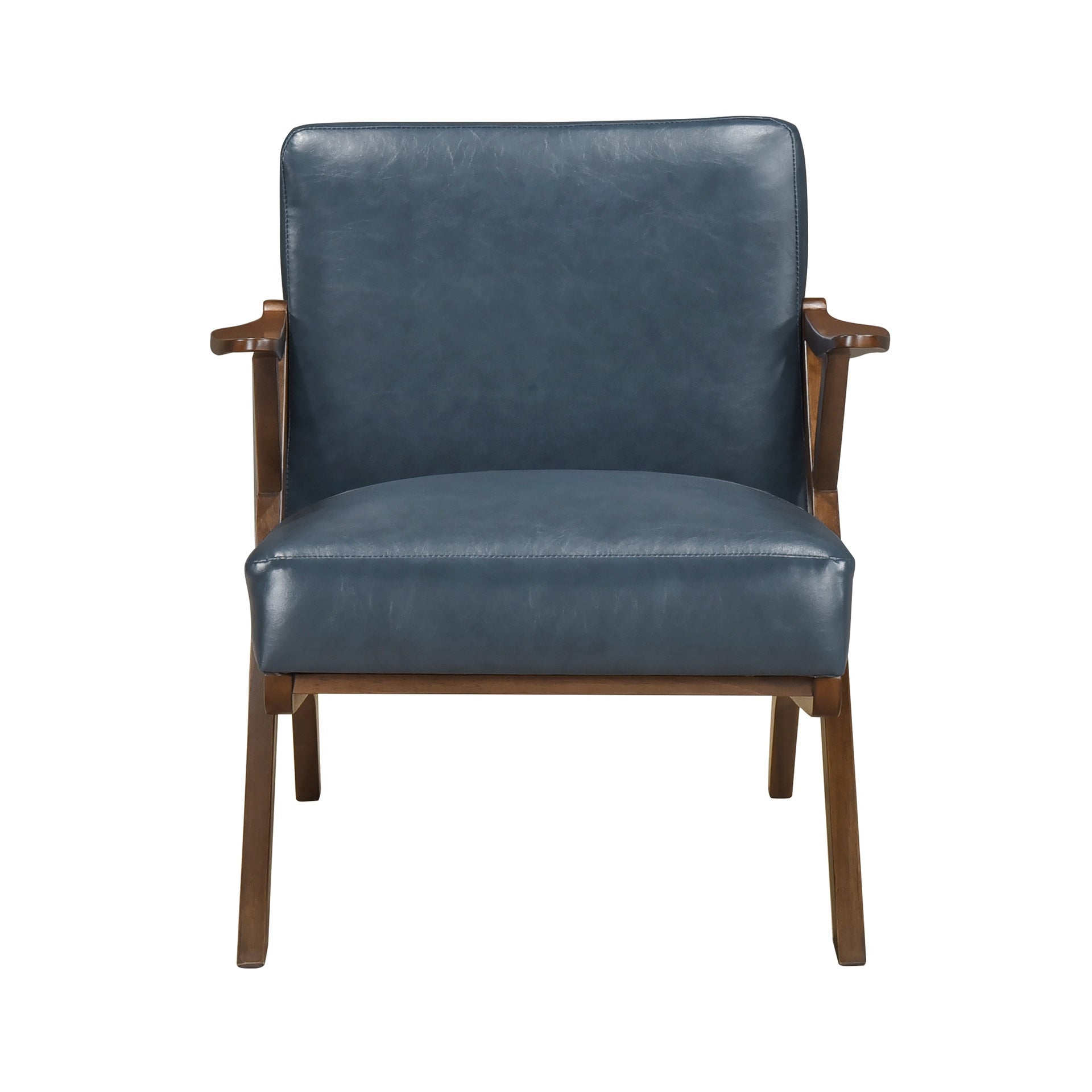 Brown Finish Solid Rubberwood Frame 1pc Accent Chair Blue Faux Leather Upholstery Living Room Furniture