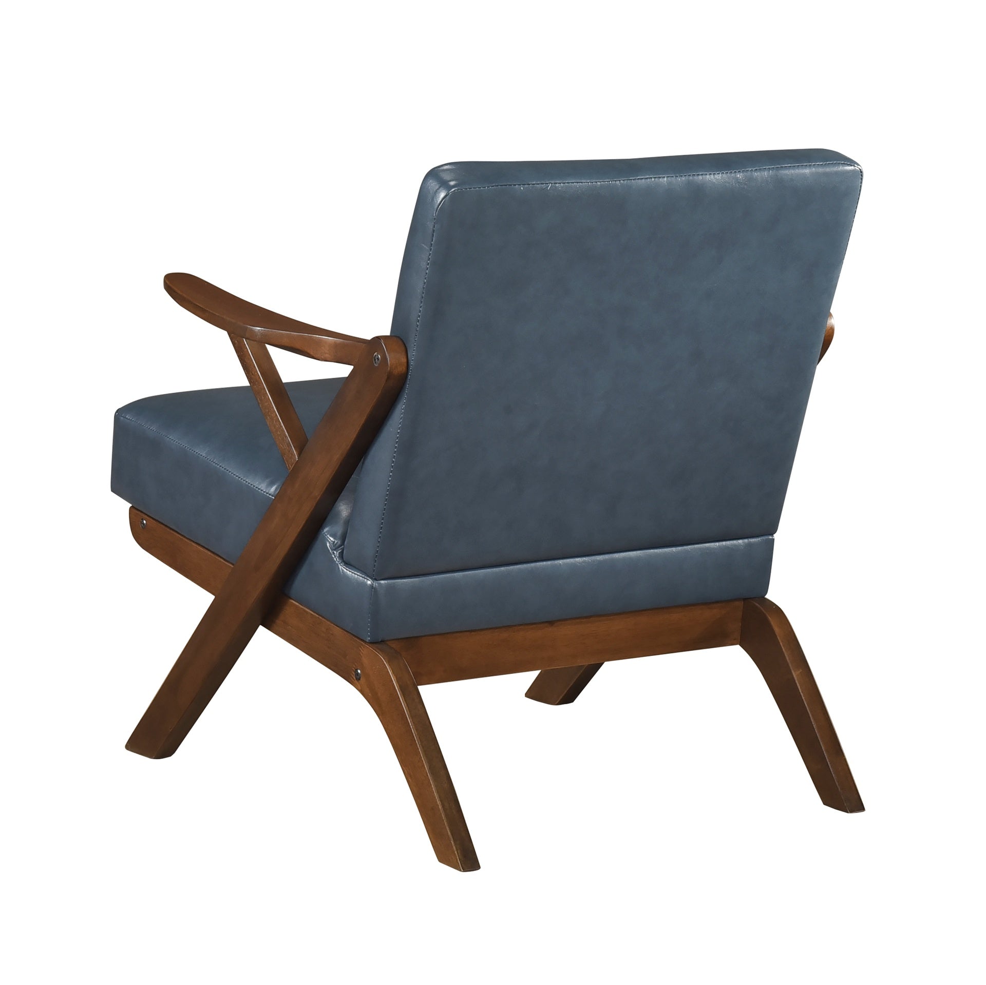 Brown Finish Solid Rubberwood Frame 1pc Accent Chair Blue Faux Leather Upholstery Living Room Furniture