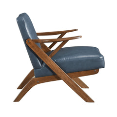 Brown Finish Solid Rubberwood Frame 1pc Accent Chair Blue Faux Leather Upholstery Living Room Furniture