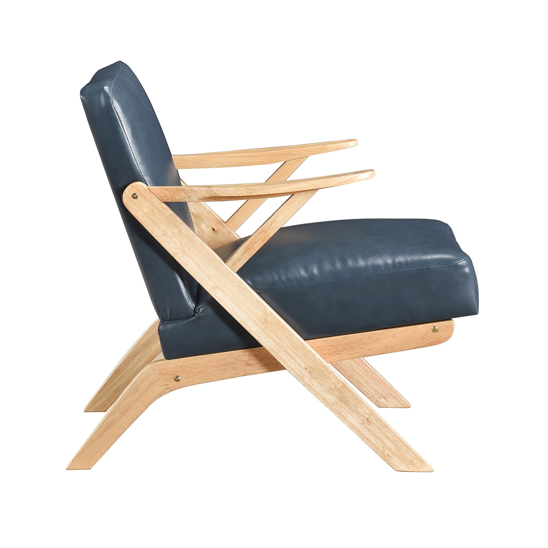 Natural Finish Solid Rubberwood Frame 1pc Accent Chair Blue Faux Leather Upholstery Living Room Furniture