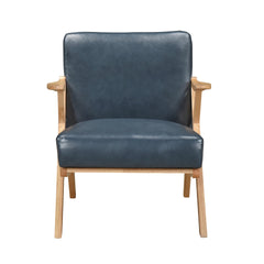 Natural Finish Solid Rubberwood Frame 1pc Accent Chair Blue Faux Leather Upholstery Living Room Furniture