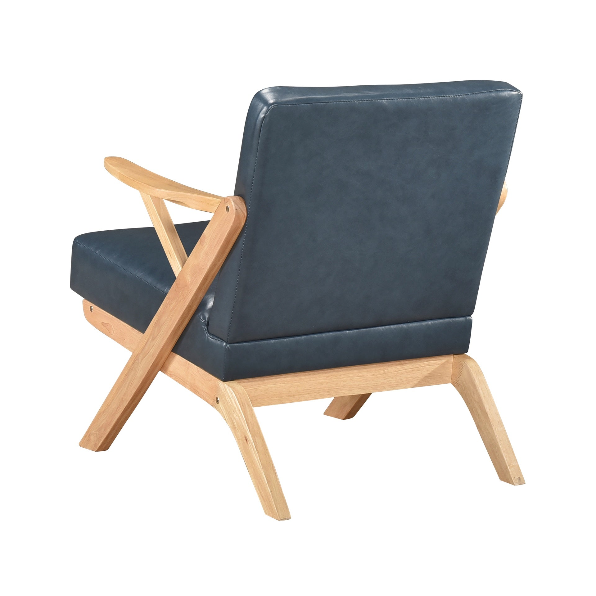 Natural Finish Solid Rubberwood Frame 1pc Accent Chair Blue Faux Leather Upholstery Living Room Furniture