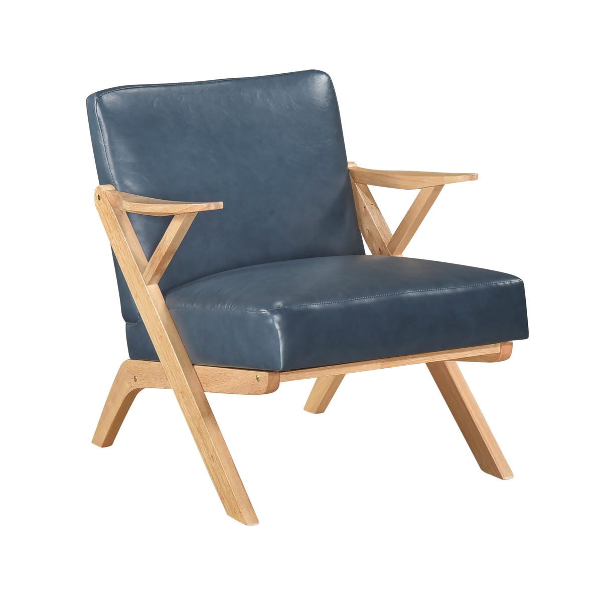 Natural Finish Solid Rubberwood Frame 1pc Accent Chair Blue Faux Leather Upholstery Living Room Furniture