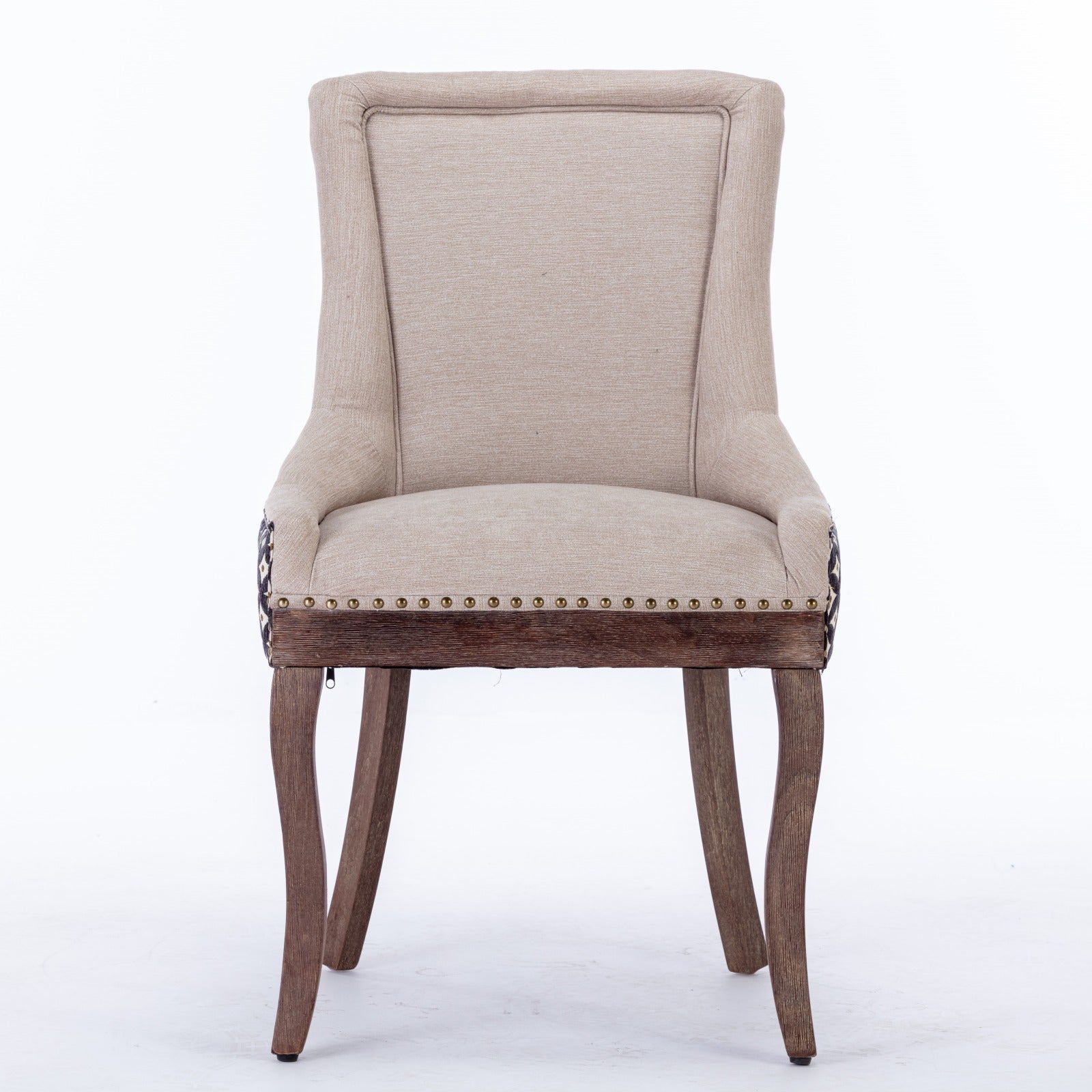 A&A Furniture, Ultra Side Dining Chair, Thickened fabric chairs with neutrally toned solid wood legs, Bronze nail head, Set of 2, Beige and Patterned,SW2207BG