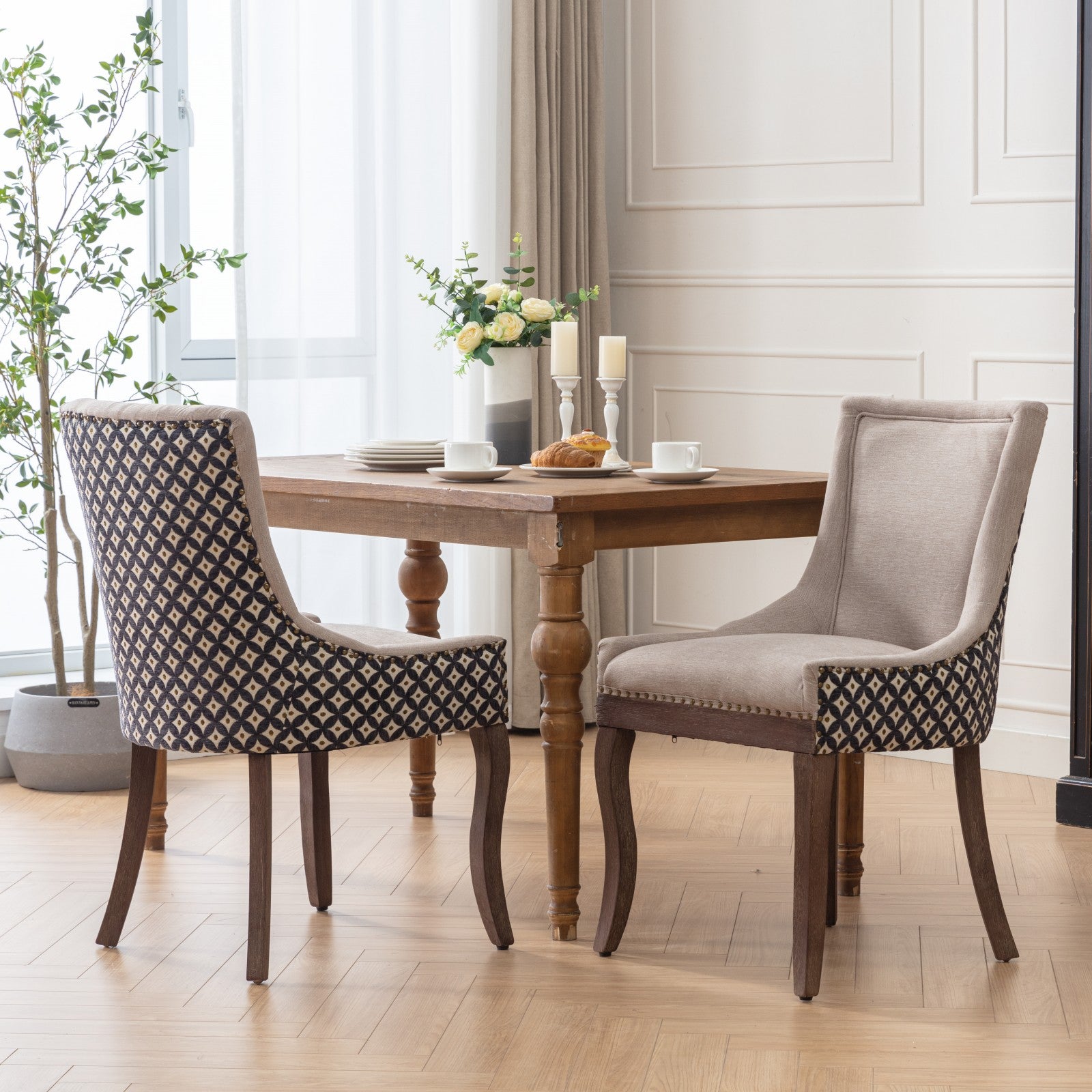 A&A Furniture, Ultra Side Dining Chair, Thickened fabric chairs with neutrally toned solid wood legs, Bronze nail head, Set of 2, Beige and Patterned,SW2207BG