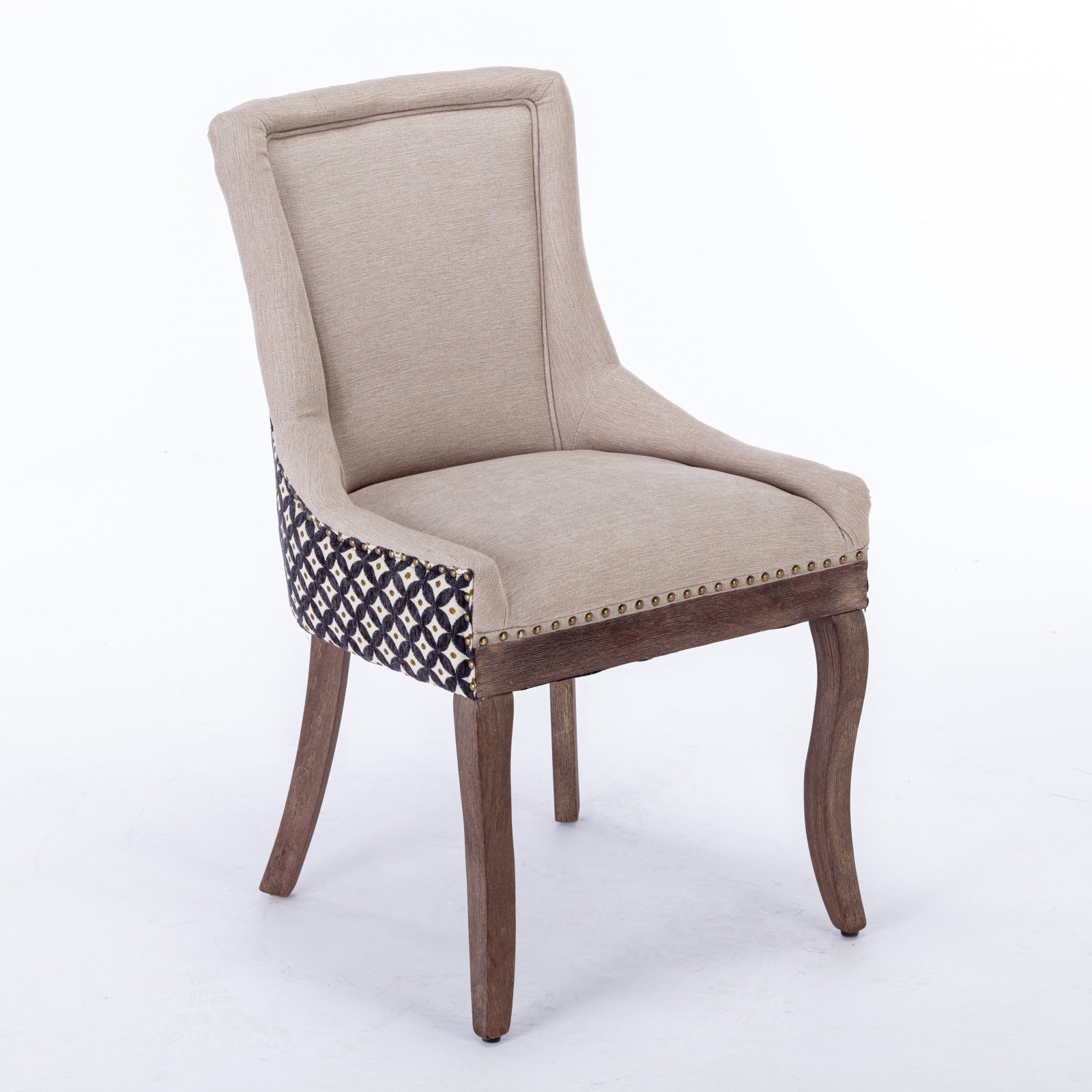 A&A Furniture, Ultra Side Dining Chair, Thickened fabric chairs with neutrally toned solid wood legs, Bronze nail head, Set of 2, Beige and Patterned,SW2207BG