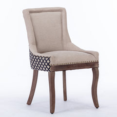 A&A Furniture, Ultra Side Dining Chair, Thickened fabric chairs with neutrally toned solid wood legs, Bronze nail head, Set of 2, Beige and Patterned,SW2207BG