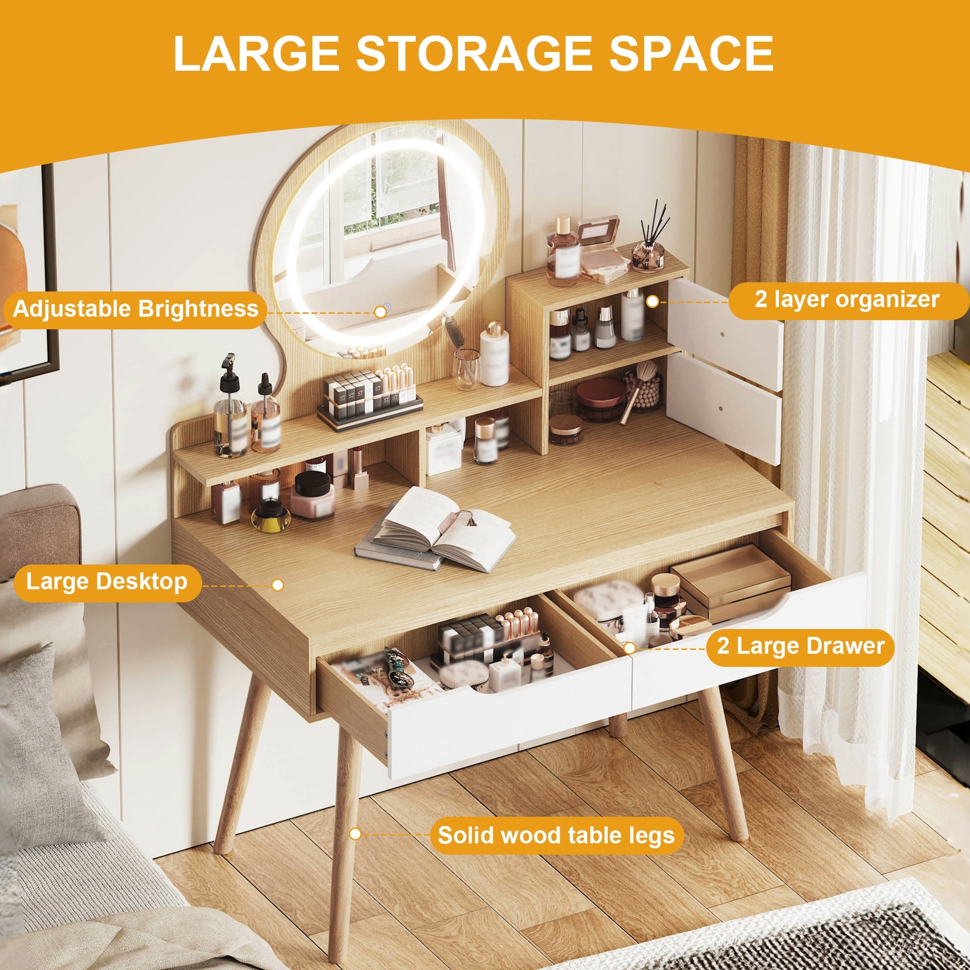 Makeup Vanity Desk with 3 Adjustable Lighted Mirror with solid wood table feet , Dressing Table Set with 4 drawers and 3 open shelves  for Small space Bedroom