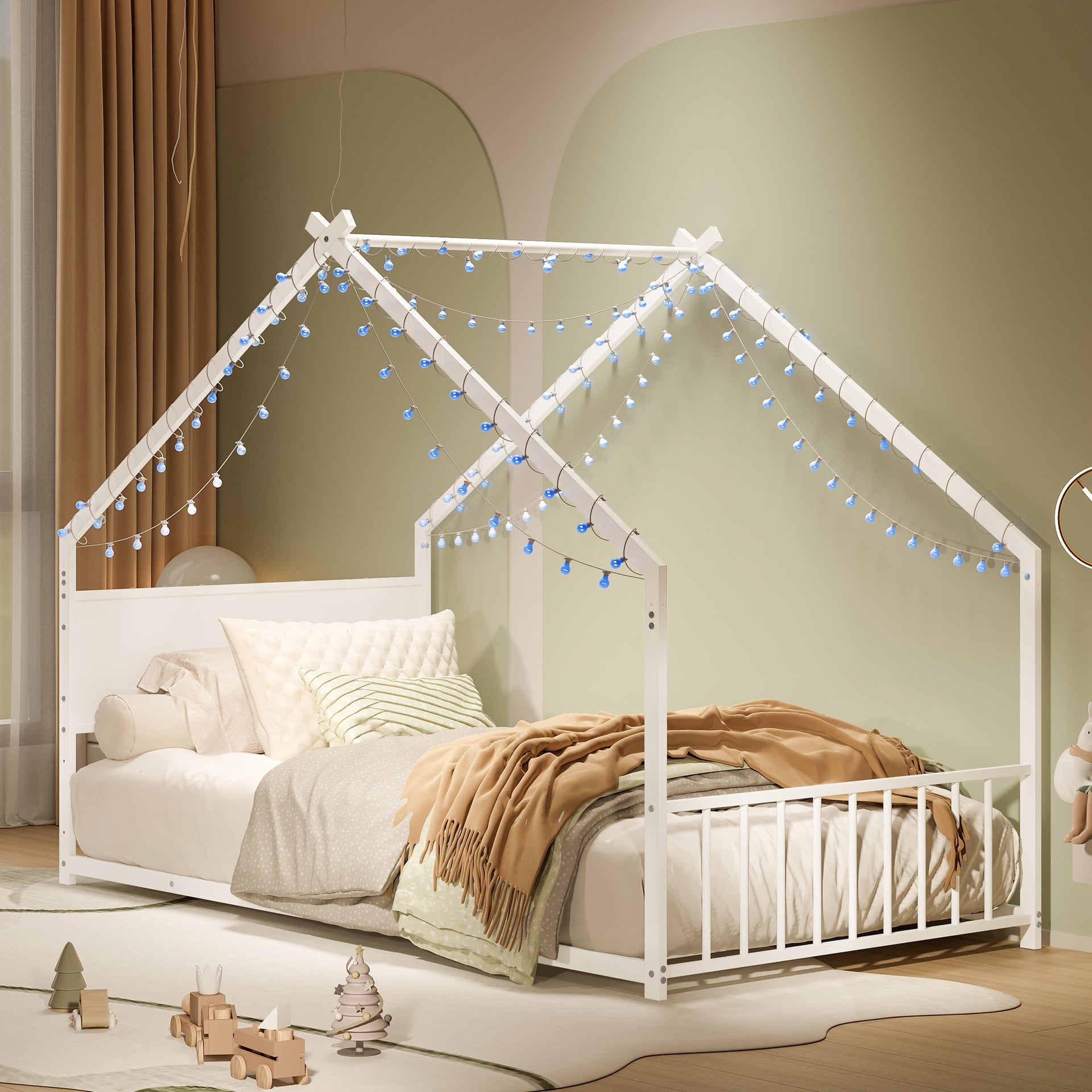 Twin Size House Bed with Roof and Colorful Lights, Metal Bed Frame with Slats and Legs, House Bed for Boy, Girls and Young Teens, No Box Spring Needed (White)