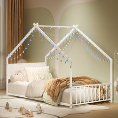 Twin Size House Bed with Roof and Colorful Lights, Metal Bed Frame with Slats and Legs, House Bed for Boy, Girls and Young Teens, No Box Spring Needed (White)