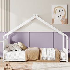 Twin Size House Bed with Roof and Colorful Lights, Metal Bed Frame with Slats and Legs, House Bed for Boy, Girls and Young Teens, No Box Spring Needed (White)