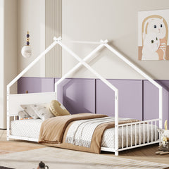 Twin Size House Bed with Roof and Colorful Lights, Metal Bed Frame with Slats and Legs, House Bed for Boy, Girls and Young Teens, No Box Spring Needed (White)