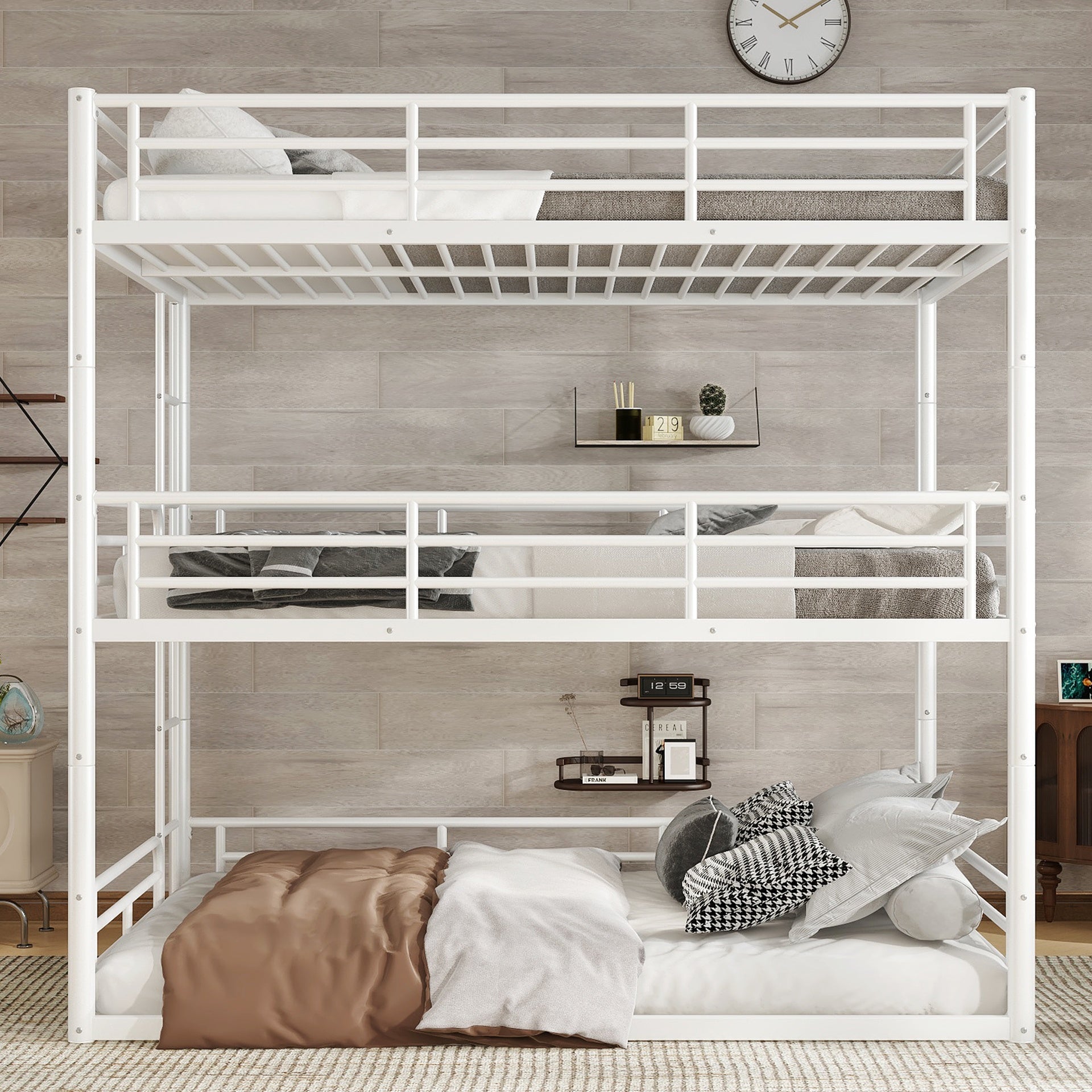 Full over Full over Full Bunk Bed, Metal Triple Bunk Bed with Safety Guardrails, Heavy-duty Bunk Bed with Noise-reduced Design, White