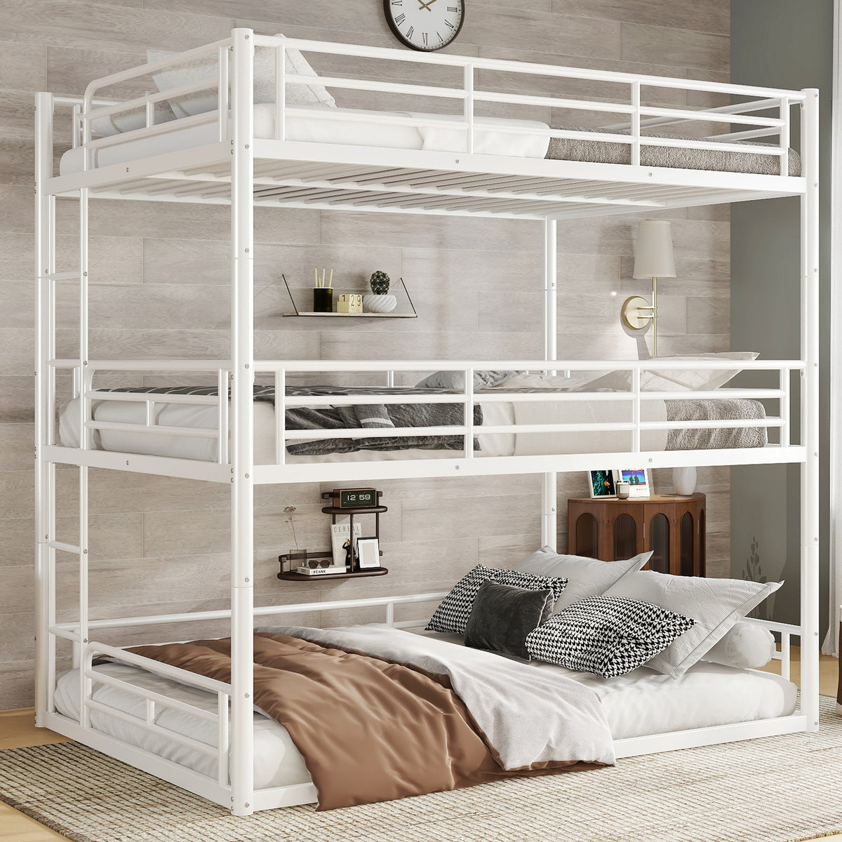 Full over Full over Full Bunk Bed, Metal Triple Bunk Bed with Safety Guardrails, Heavy-duty Bunk Bed with Noise-reduced Design, White