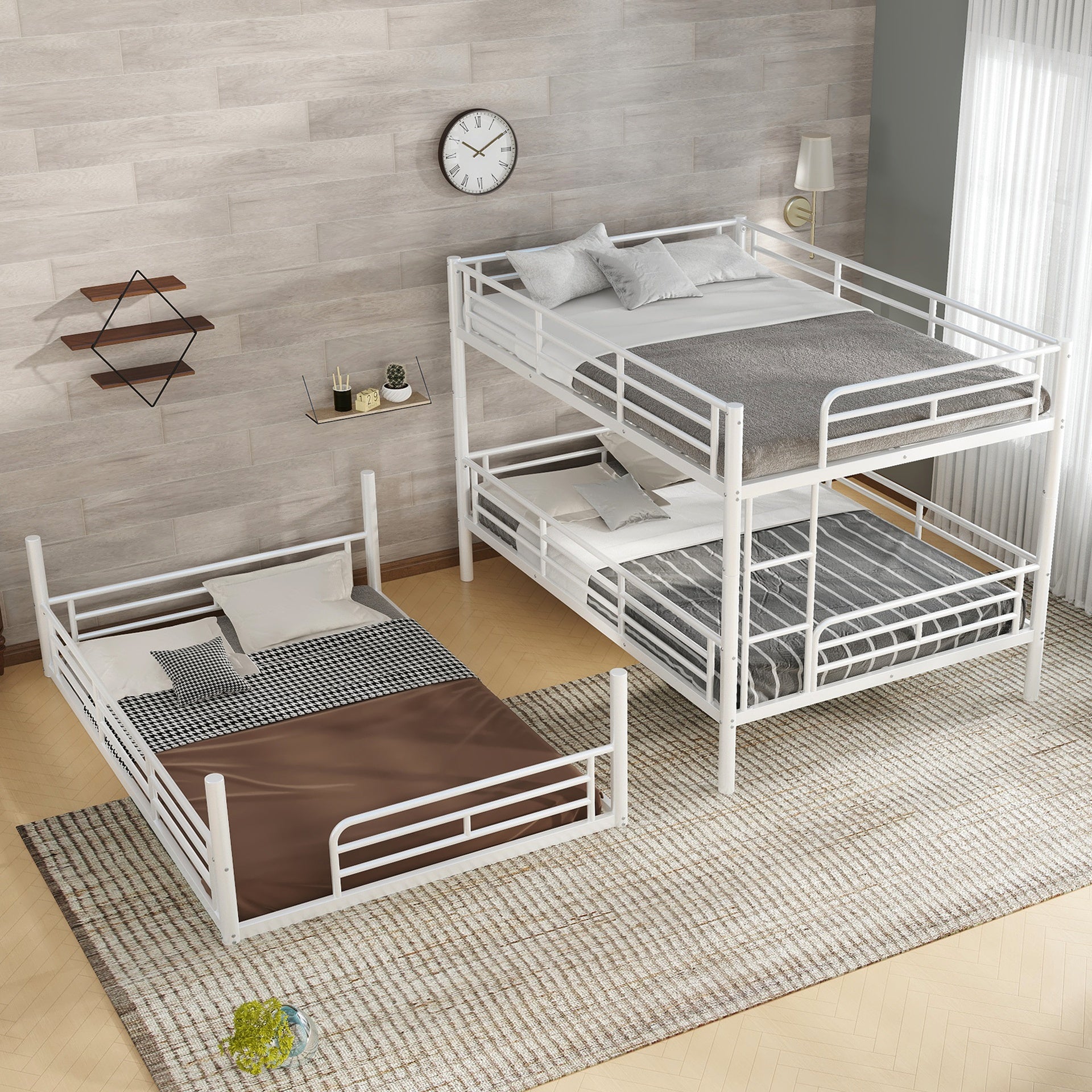 Full over Full over Full Bunk Bed, Metal Triple Bunk Bed with Safety Guardrails, Heavy-duty Bunk Bed with Noise-reduced Design, White