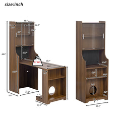 Modern Extendable Dining Table with Hutch & Storage, Home Office Pet-friendly Gaming Desk with Shelves, Space-Saving Workstation with Free Cat Bed & Scratching Post