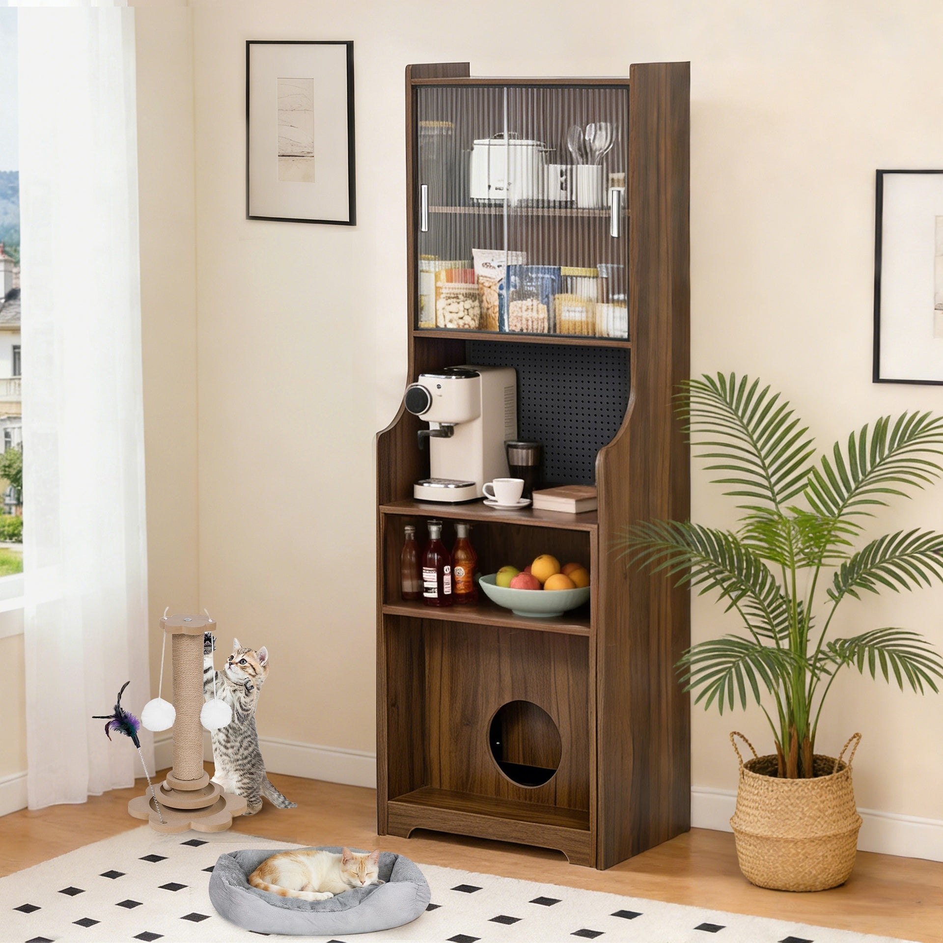 Modern Extendable Dining Table with Hutch & Storage, Home Office Pet-friendly Gaming Desk with Shelves, Space-Saving Workstation with Free Cat Bed & Scratching Post
