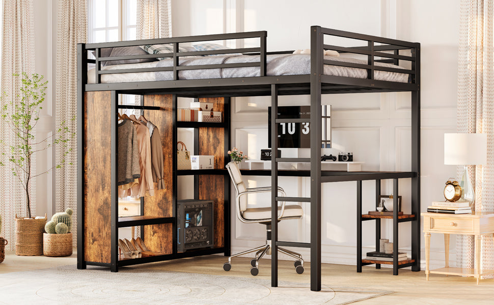 Queen Size Loft Bed Frame with Built-in Wardrobe, Metal Loft Bed with Desk and Storage Shelves, Woodgrain
