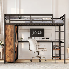 Queen Size Loft Bed Frame with Built-in Wardrobe, Metal Loft Bed with Desk and Storage Shelves, Woodgrain