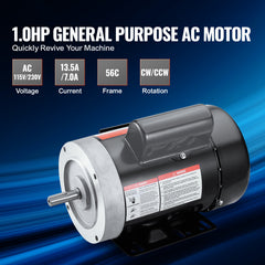 1HP Electric Motor 3450 rpm, AC 115V/230V, 56C Frame, Air Compressor Motor Single Phase, 5/8" Keyed Shaft, CW/CCW Rotation for Agricultural Machinery and General Equipment