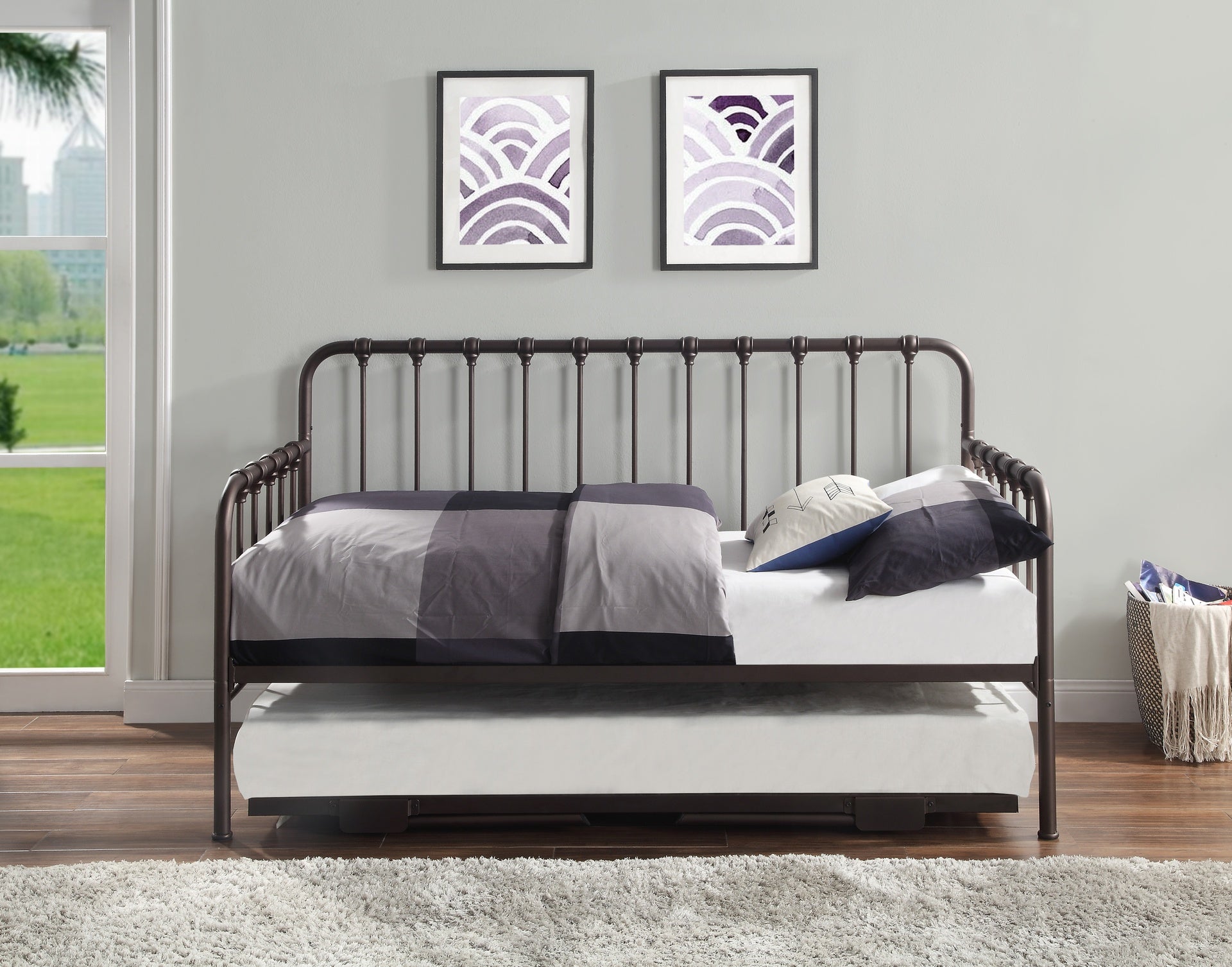 Daybed with Lift-up Trundle 1pc Dark Bronze Finish Metal Frame Classic Design Home Furniture