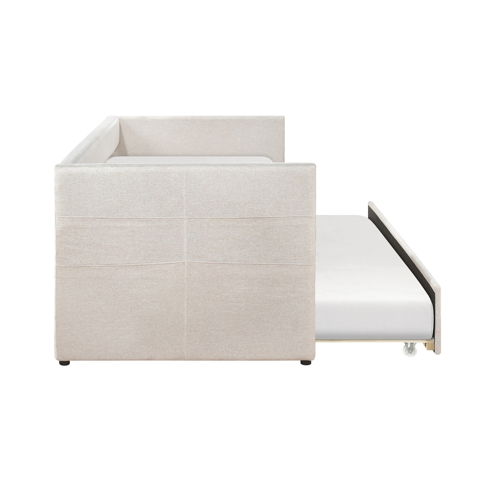 Modern Daybed Pull-out Trundle Side Pockets Beige Upholstery Nailhead Trim Bedroom Living Room Furniture 1pc