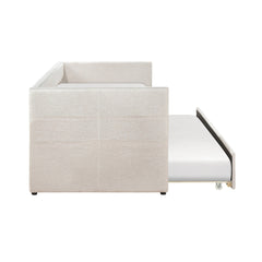 Modern Daybed Pull-out Trundle Side Pockets Beige Upholstery Nailhead Trim Bedroom Living Room Furniture 1pc