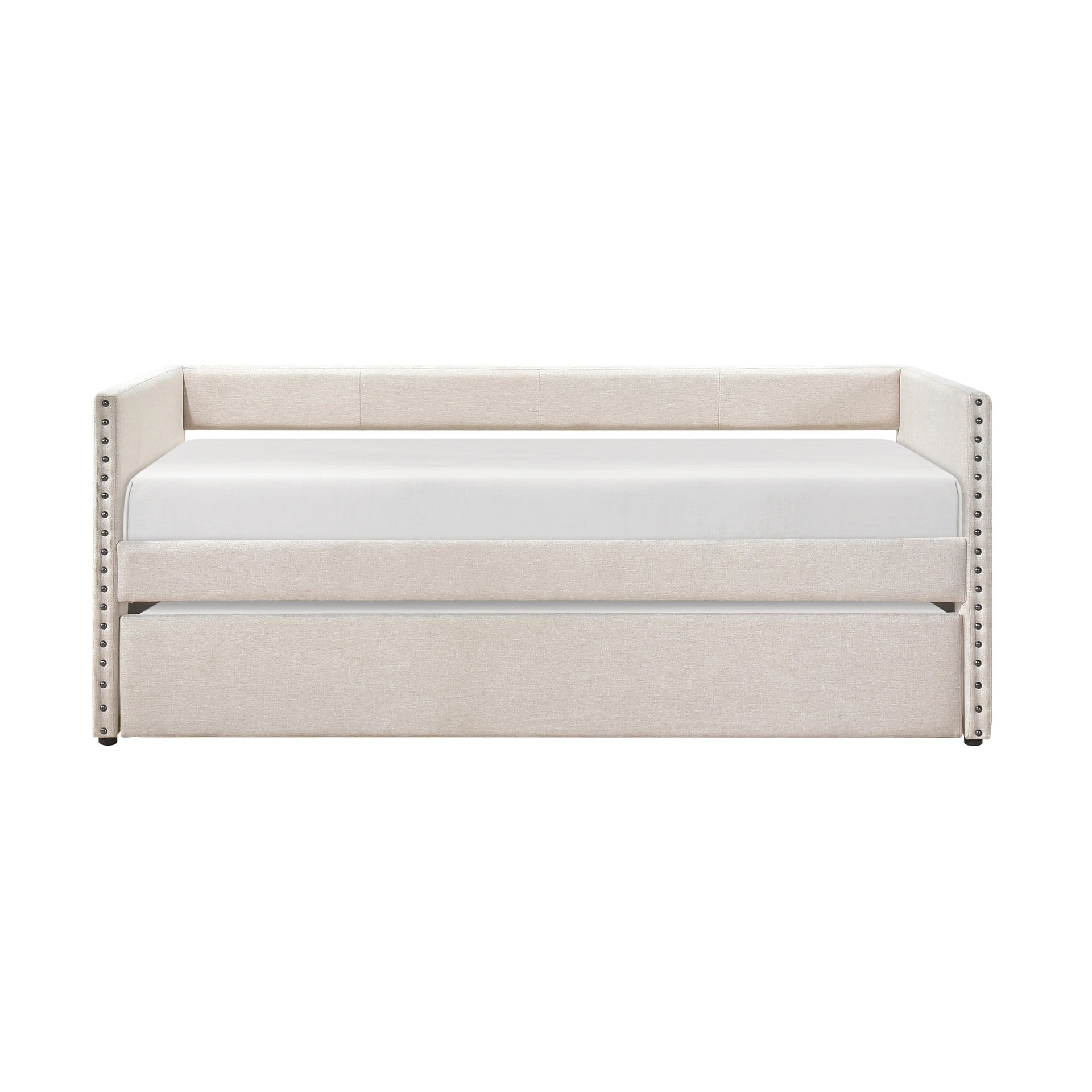Modern Daybed Pull-out Trundle Side Pockets Beige Upholstery Nailhead Trim Bedroom Living Room Furniture 1pc