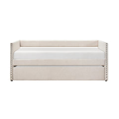 Modern Daybed Pull-out Trundle Side Pockets Beige Upholstery Nailhead Trim Bedroom Living Room Furniture 1pc