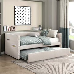 Modern Daybed Pull-out Trundle Side Pockets Beige Upholstery Nailhead Trim Bedroom Living Room Furniture 1pc