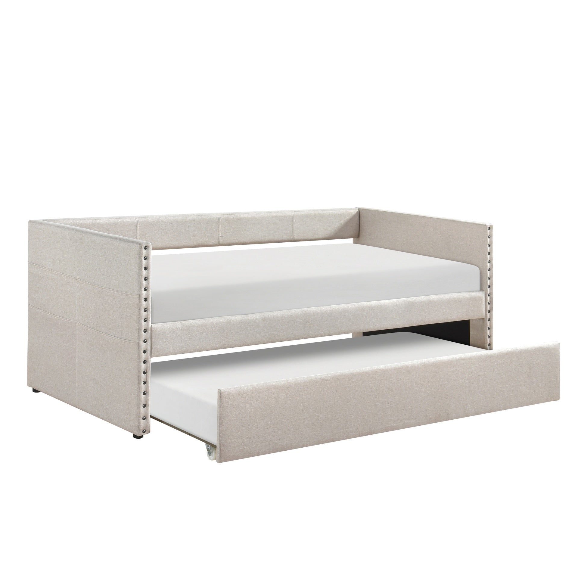 Modern Daybed Pull-out Trundle Side Pockets Beige Upholstery Nailhead Trim Bedroom Living Room Furniture 1pc