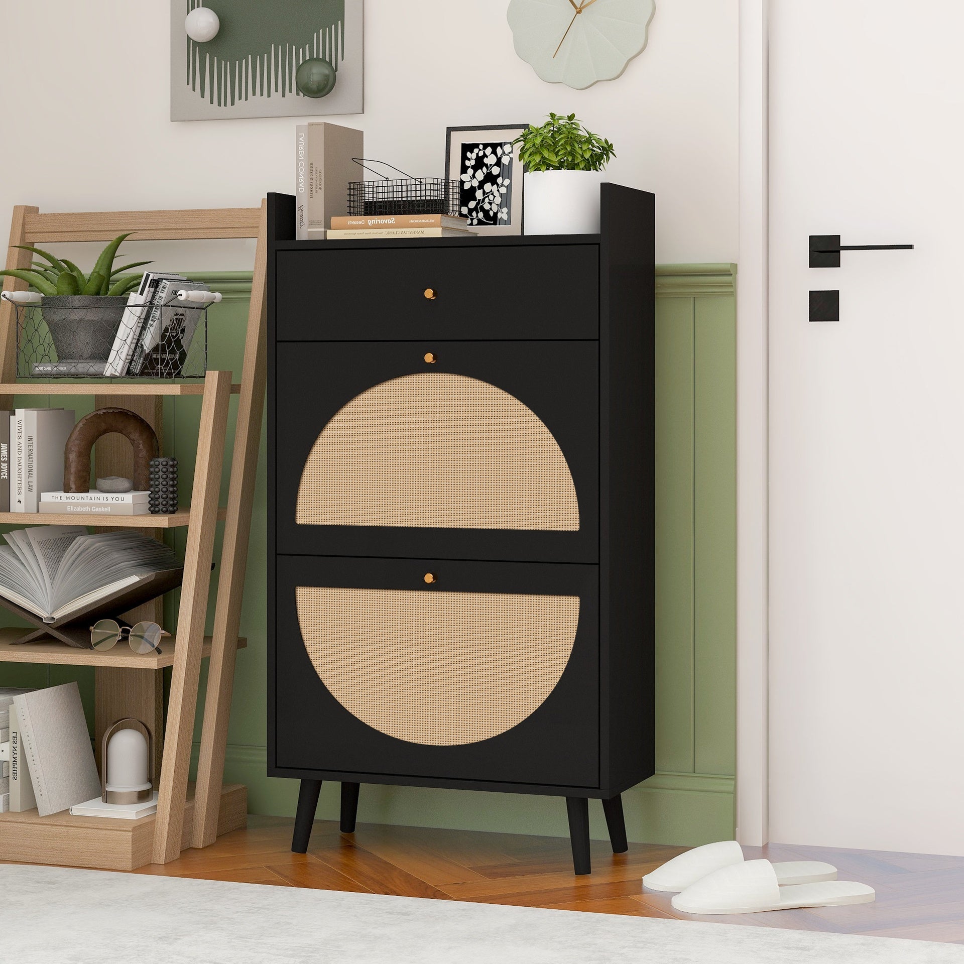 Rattan, Allen 2 door 1 drawer cabinet, shoe rack, double layer, suitable for entrance