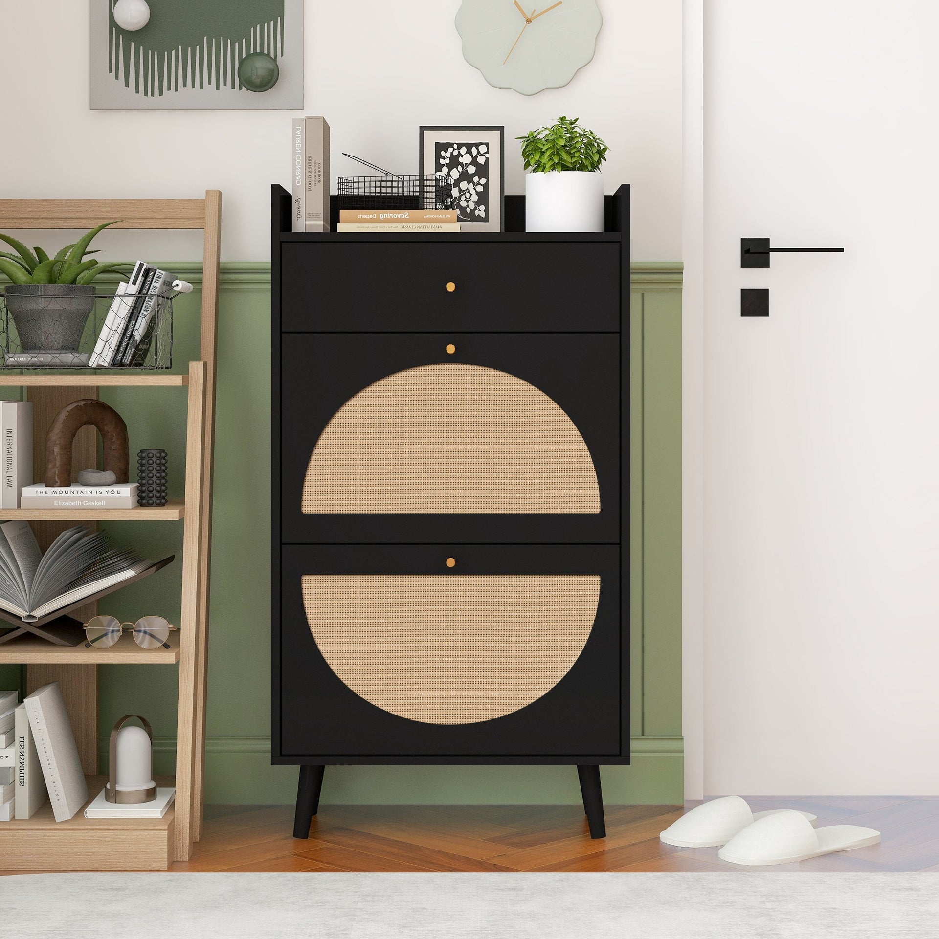 Rattan, Allen 2 door 1 drawer cabinet, shoe rack, double layer, suitable for entrance