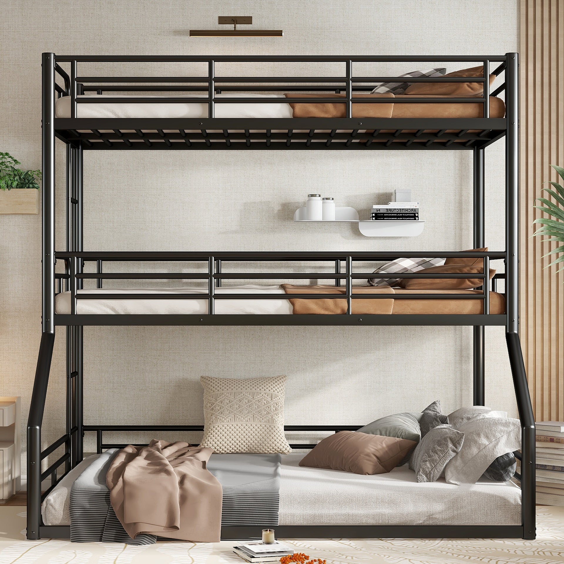 Twin over Twin over Full Bunk Bed, Metal Triple Bunk Bed with Safety Guardrails, Heavy-duty Bunk Bed with Noise-reduced Design, Black
