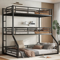 Twin over Twin over Full Bunk Bed, Metal Triple Bunk Bed with Safety Guardrails, Heavy-duty Bunk Bed with Noise-reduced Design, Black
