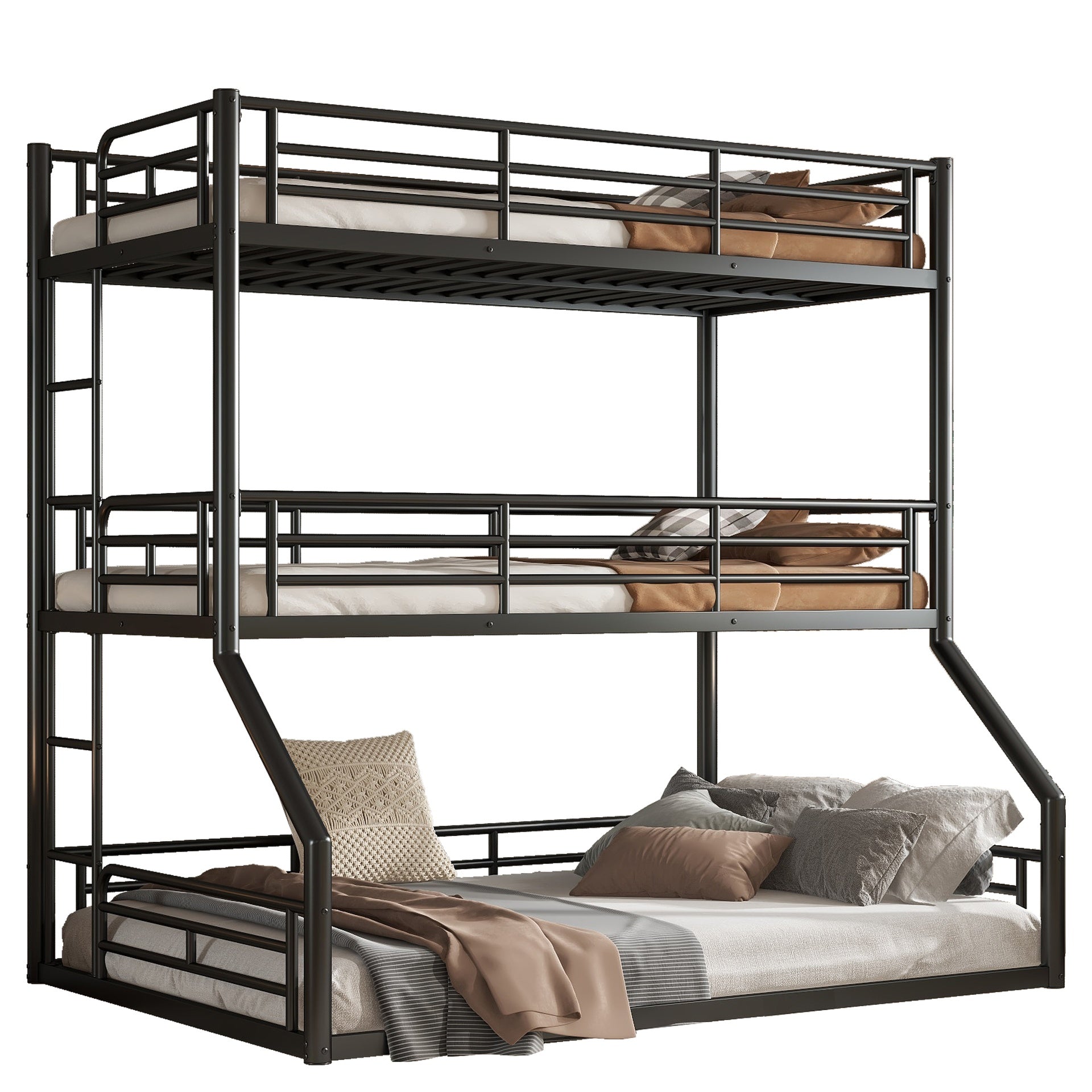 Twin over Twin over Full Bunk Bed, Metal Triple Bunk Bed with Safety Guardrails, Heavy-duty Bunk Bed with Noise-reduced Design, Black