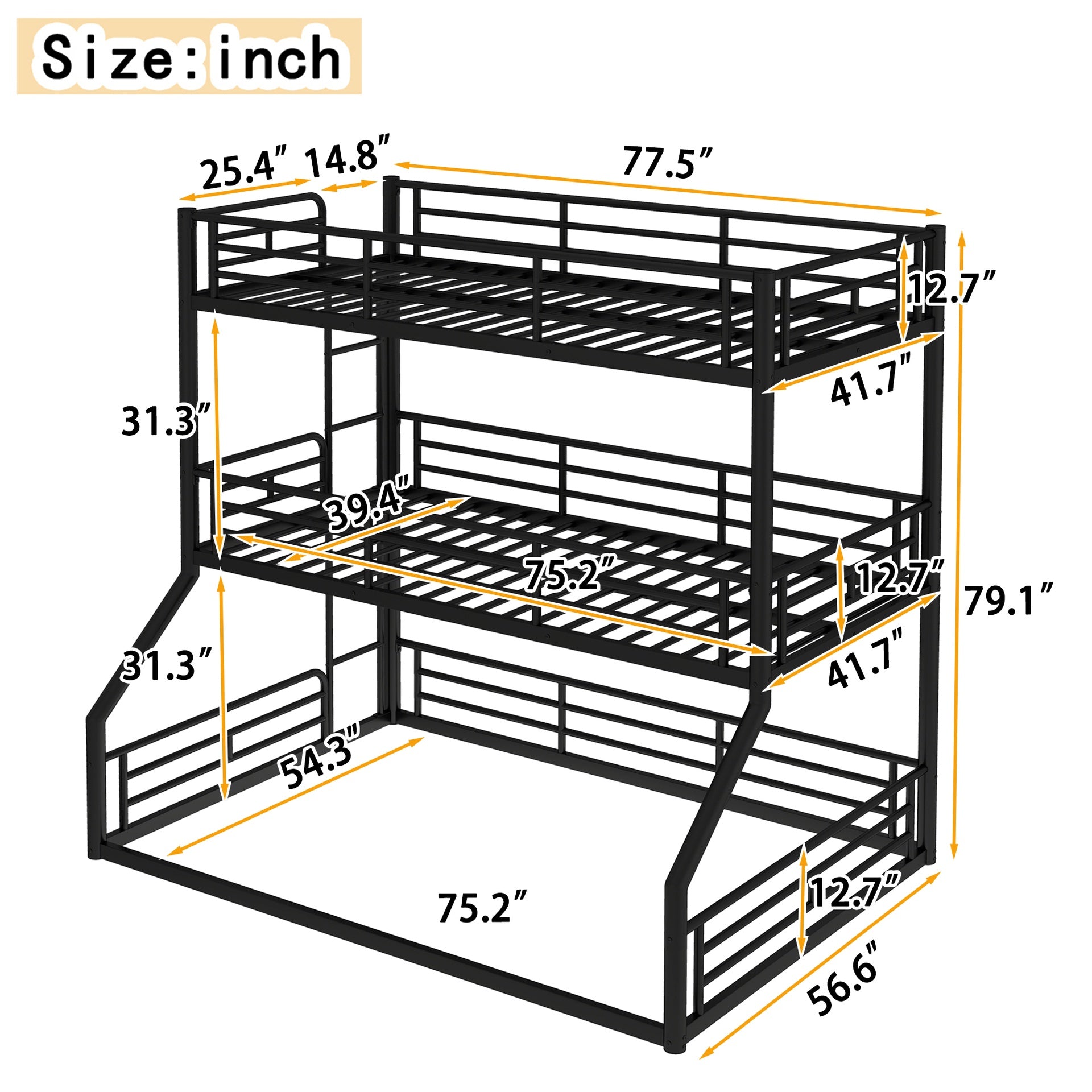 Twin over Twin over Full Bunk Bed, Metal Triple Bunk Bed with Safety Guardrails, Heavy-duty Bunk Bed with Noise-reduced Design, Black