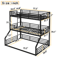 Twin over Twin over Full Bunk Bed, Metal Triple Bunk Bed with Safety Guardrails, Heavy-duty Bunk Bed with Noise-reduced Design, Black