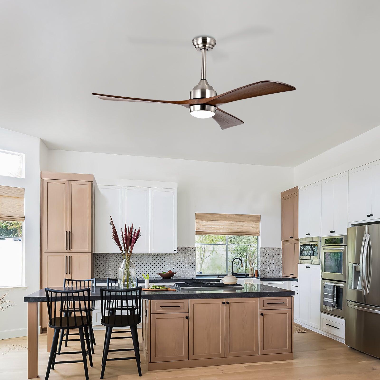 52" Solid Wood Blades Ceiling Fan with Lights Remote Control,Quiet DC Motor 3 Blade Ceiling Fans 6 Speed Levels,Reversible Ceiling Fan, for Patio Living Room, Bedroom, Office,Indoor.(Stain nickel )