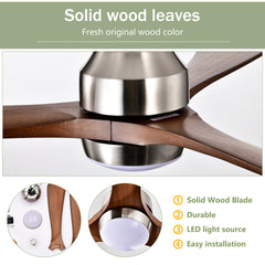 52" Solid Wood Blades Ceiling Fan with Lights Remote Control,Quiet DC Motor 3 Blade Ceiling Fans 6 Speed Levels,Reversible Ceiling Fan, for Patio Living Room, Bedroom, Office,Indoor.(Stain nickel )