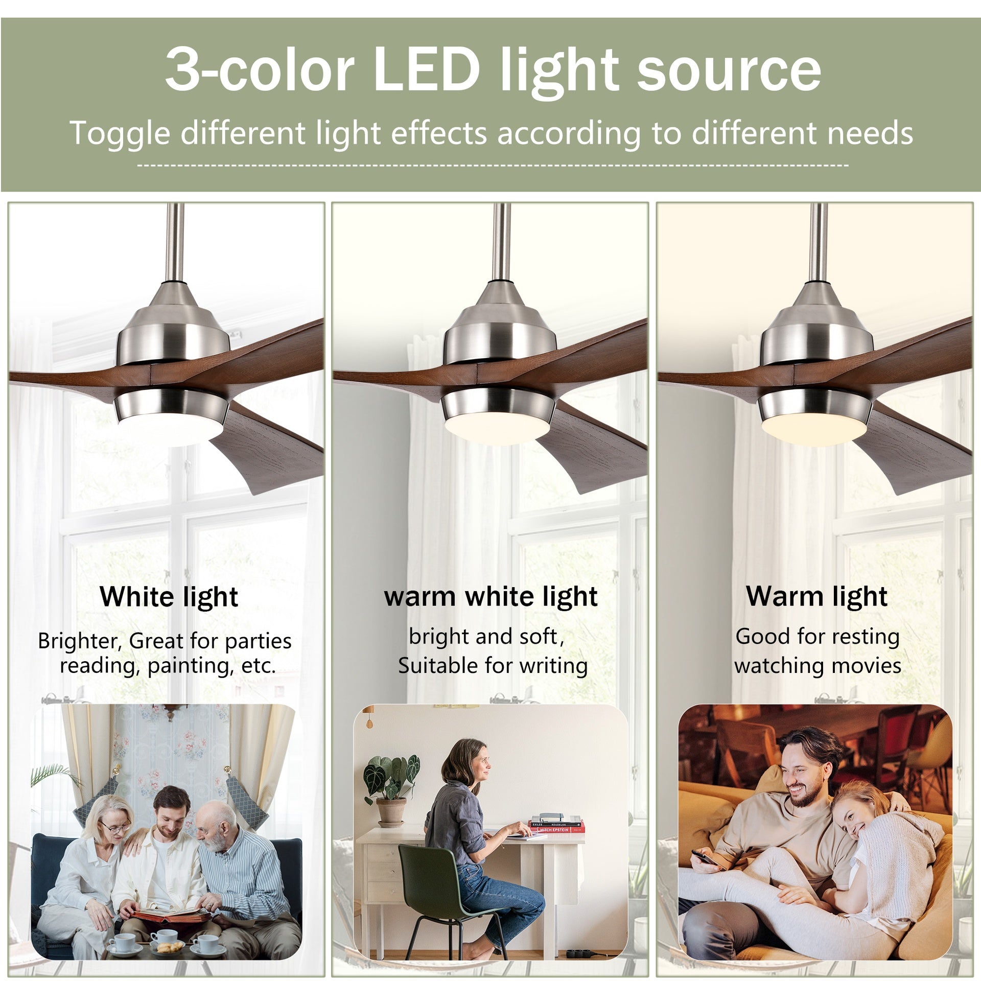 52" Solid Wood Blades Ceiling Fan with Lights Remote Control,Quiet DC Motor 3 Blade Ceiling Fans 6 Speed Levels,Reversible Ceiling Fan, for Patio Living Room, Bedroom, Office,Indoor.(Stain nickel )