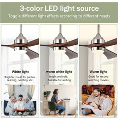 52" Solid Wood Blades Ceiling Fan with Lights Remote Control,Quiet DC Motor 3 Blade Ceiling Fans 6 Speed Levels,Reversible Ceiling Fan, for Patio Living Room, Bedroom, Office,Indoor.(Stain nickel )