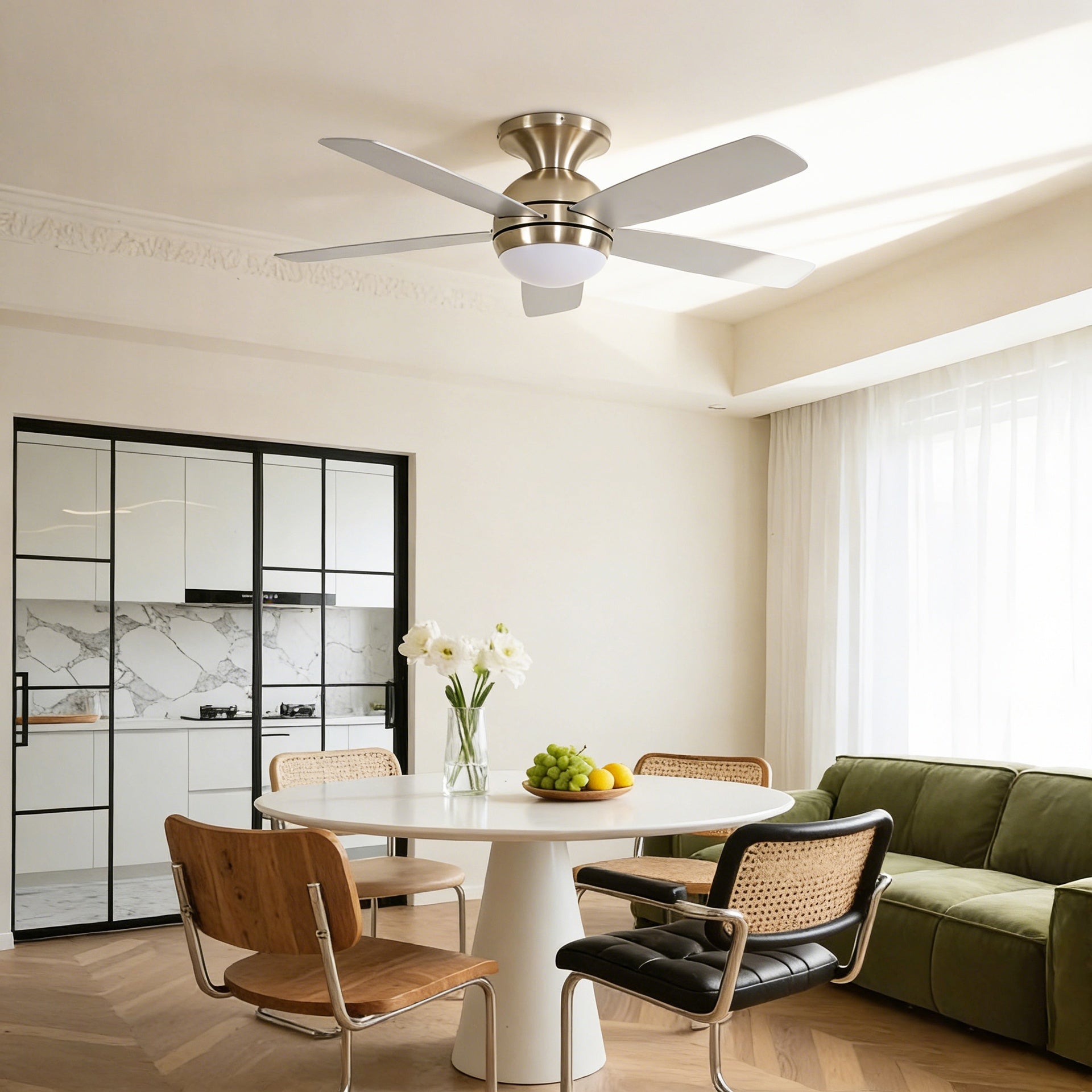 52 Inch 5 PCS Plywood Reversible Blades  Ceiling Fan With Light Kit 3 Color  , LED, DC 6 Speed ,Remote Control Ceiling Fan  for Patio Living Room, Bedroom, Office,Indoor.(( Sliver + Brushed Gold)