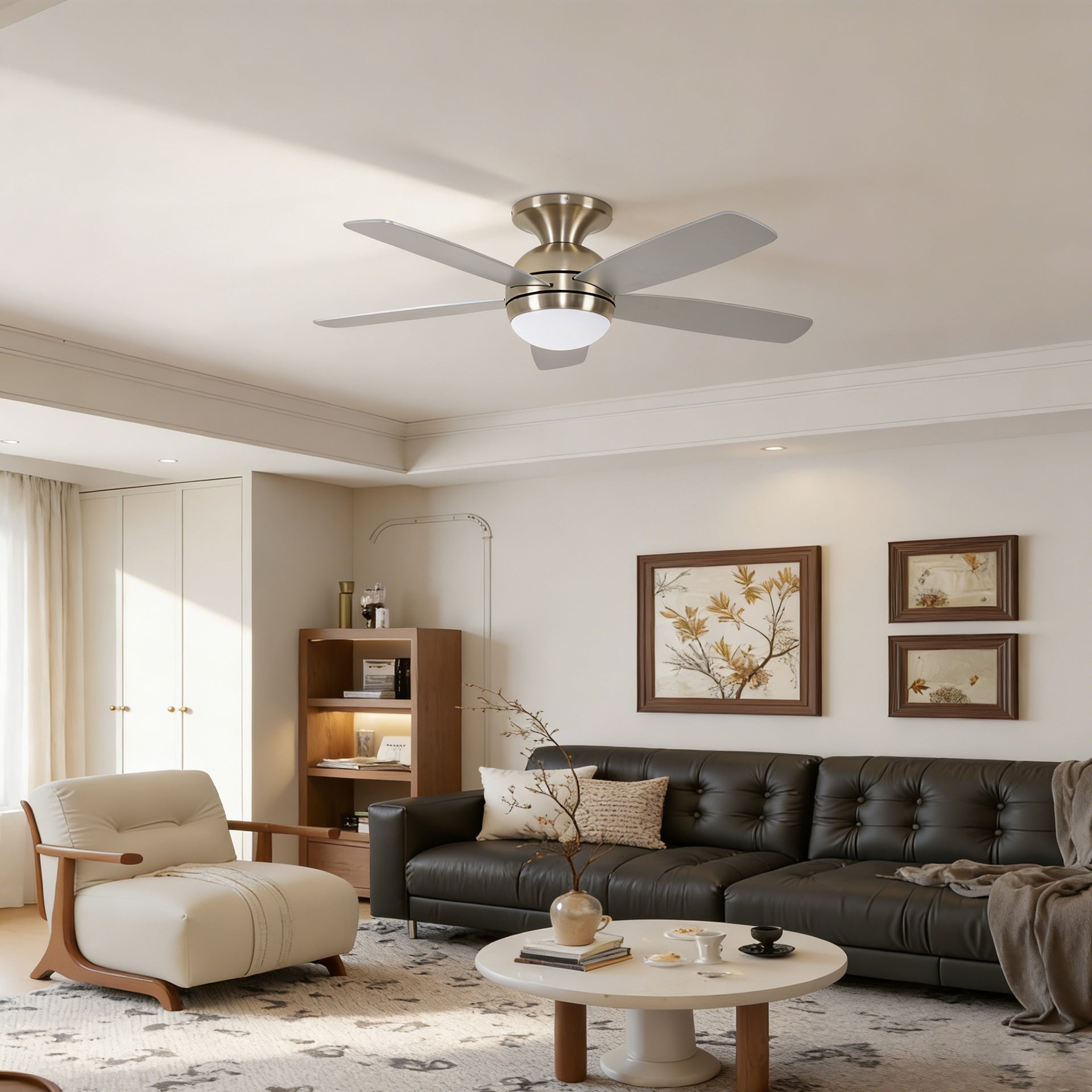 52 Inch 5 PCS Plywood Reversible Blades  Ceiling Fan With Light Kit 3 Color  , LED, DC 6 Speed ,Remote Control Ceiling Fan  for Patio Living Room, Bedroom, Office,Indoor.(( Sliver + Brushed Gold)